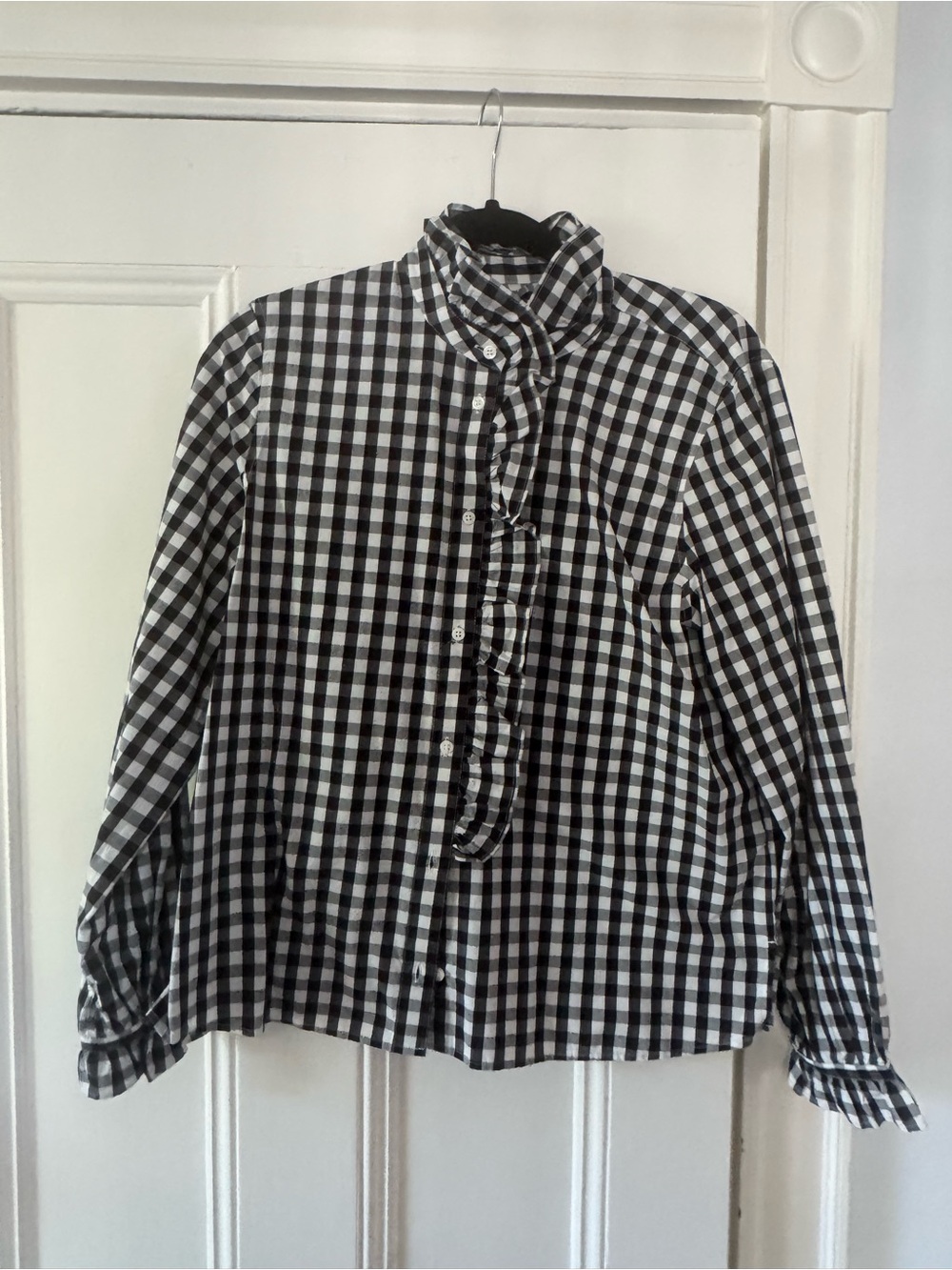 J. Crew Black and White Gingham Ruffle Front Button-Up Blouse